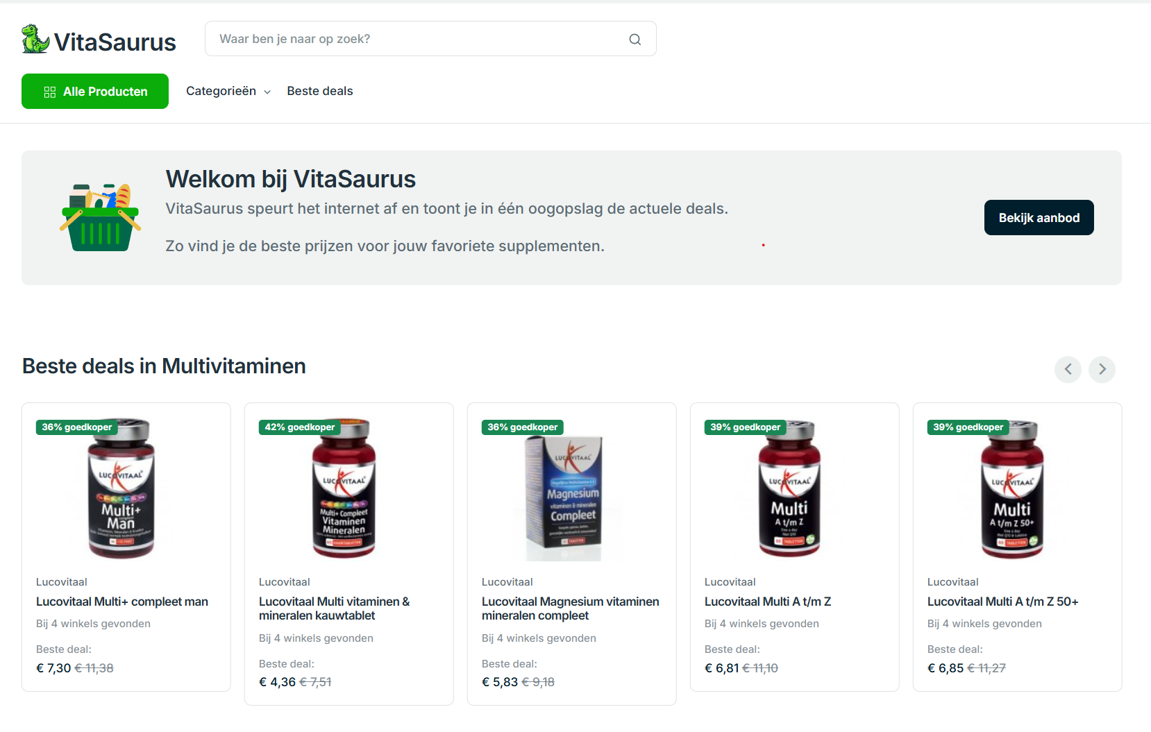 VitaSaurus: zoekmachine en prijsvergelijker met aanbiedingen voor supplementen en gezondheidsproducten